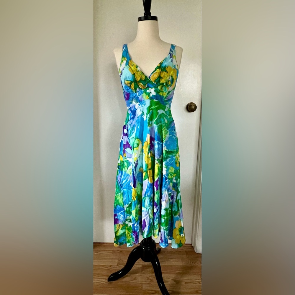 Jams World Vista Dress Vibrant Blue, Green & Yellow Floral Long V-Neck Size S